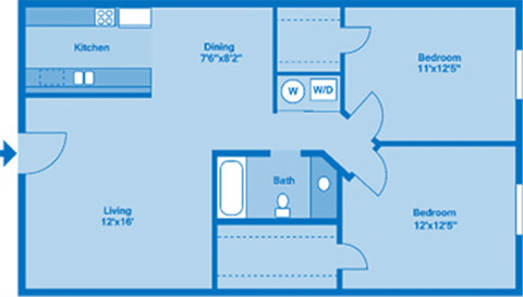 Floor plan for 2 beds, 1 bath, 759 sqft